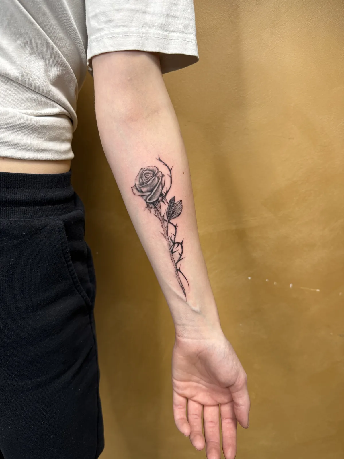 Fineline-Rose am Unterarm – Trustinkus Nürnberg
